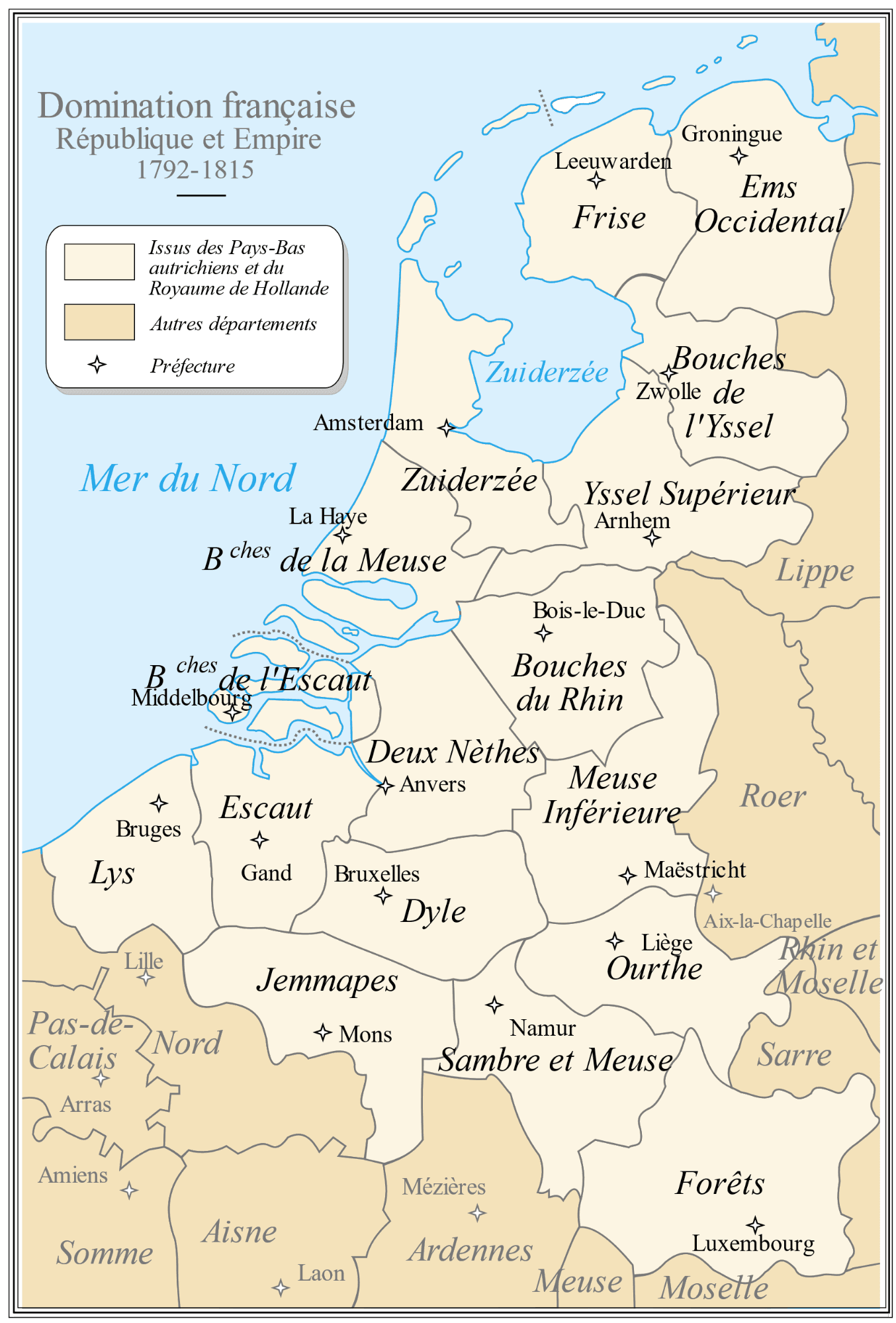 Départements de l'Empire français dans le Nord entre 1792-1815, source : Wikipédia