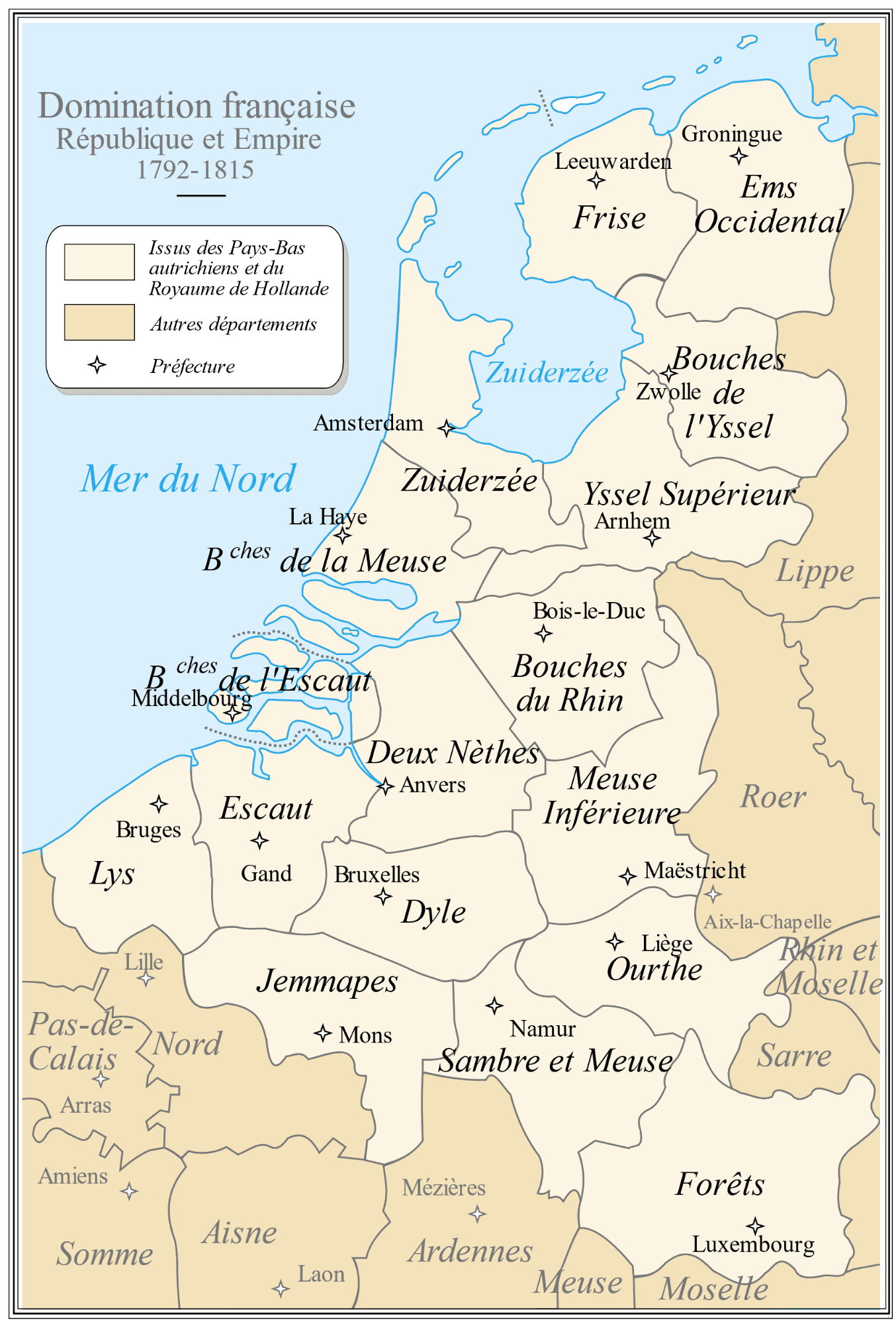 Départements de l'Empire français dans le Nord entre 1792-1815, source : Wikipédia