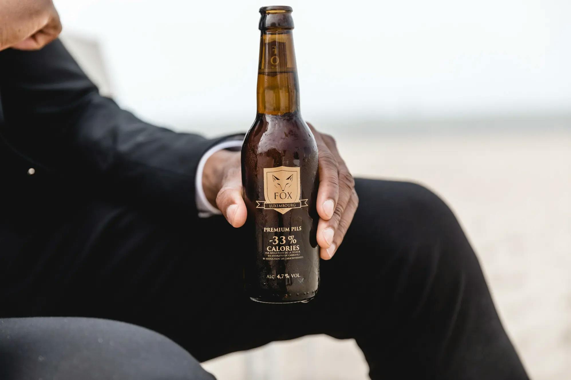 beer, bottle, dark glass, hand, man, holding
