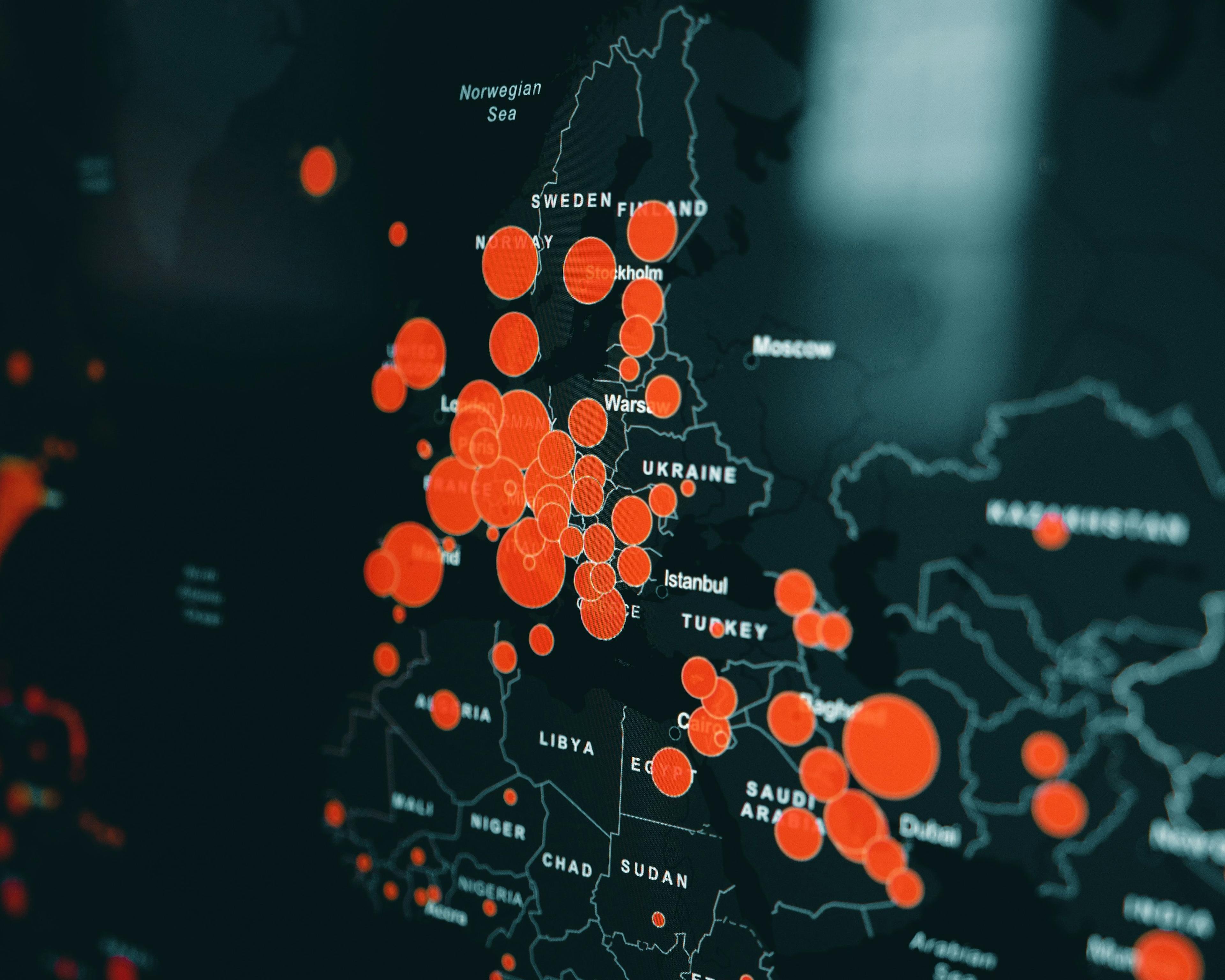 Интерактивная карта Европы, красные круги