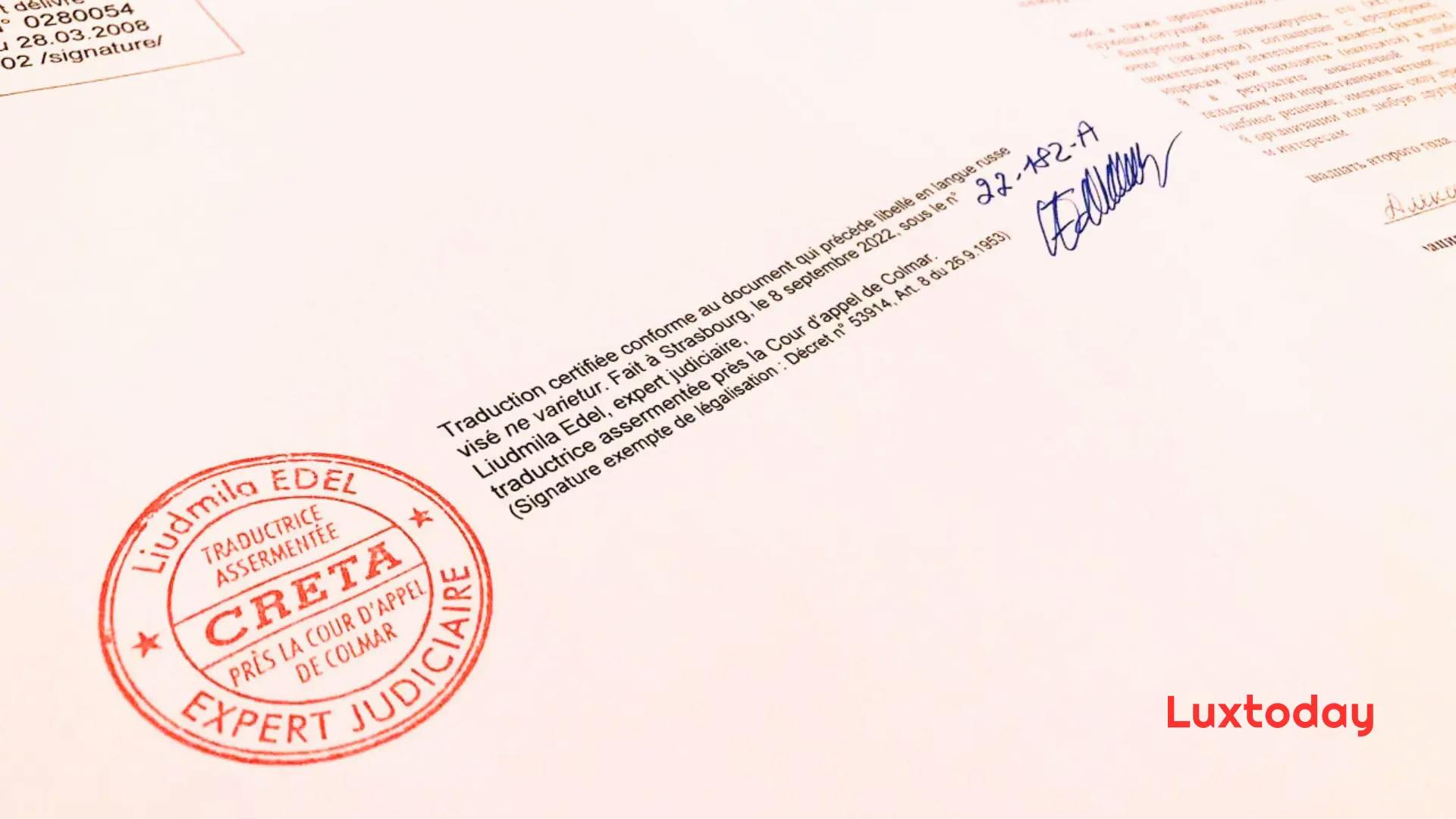 Stamp, sworn translator, example, paper