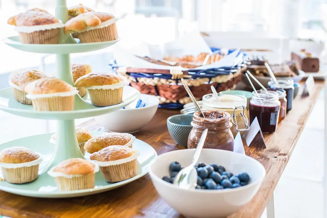 vegan baked goods, vegan bakery, desserts in cafe on the table