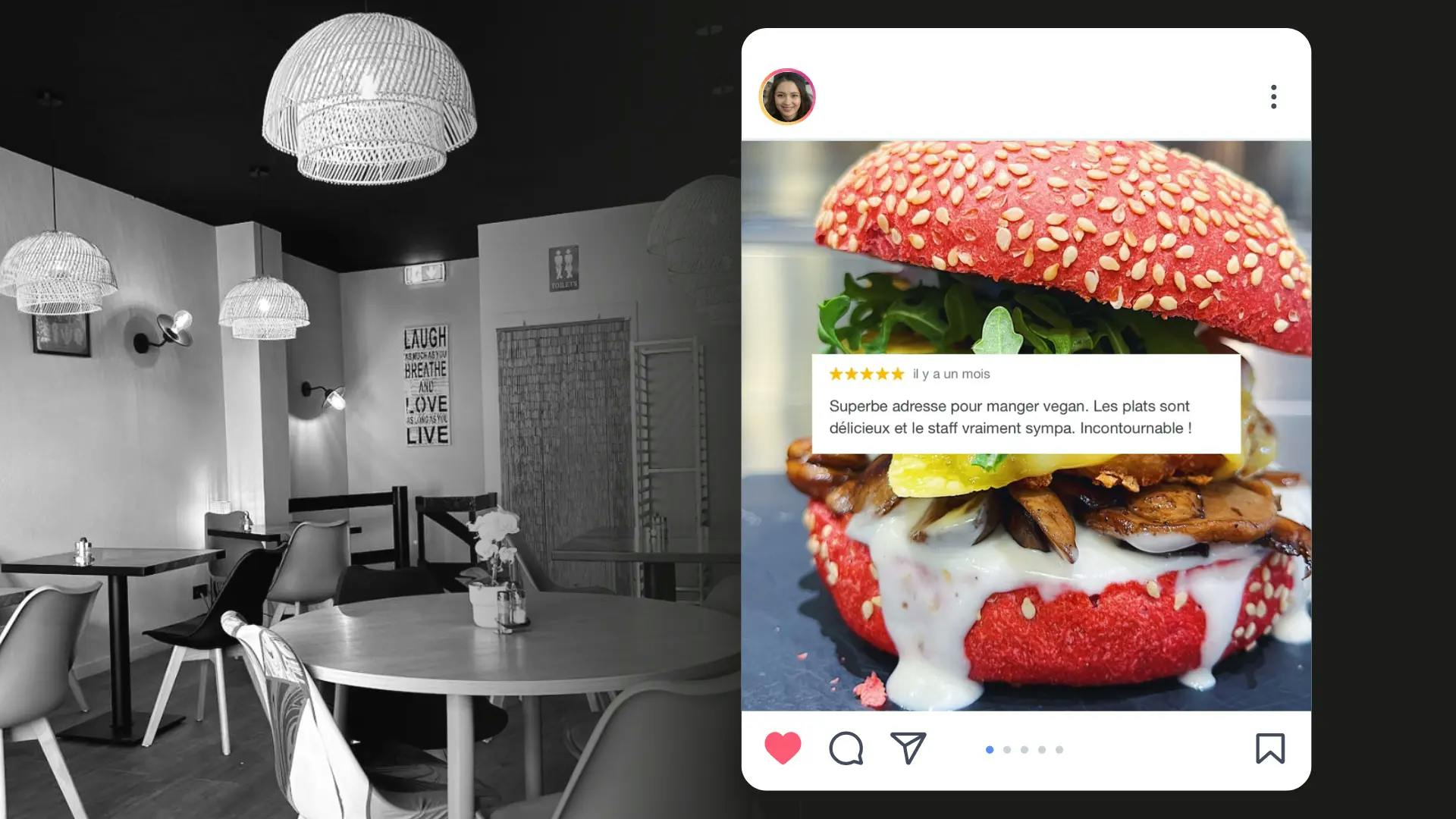 Burger, vegan fast food, instagram post on the picture, design, canva