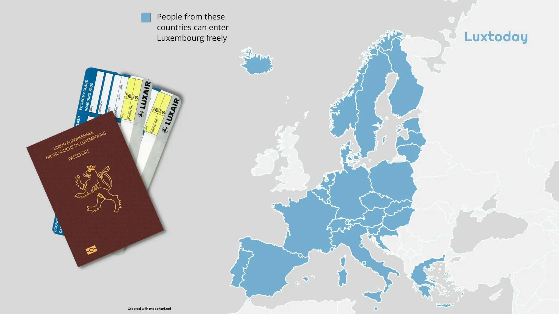 Schengen countries, Luxembourg passport, Luxair tickets, Europe map