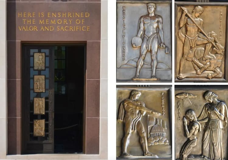 Above the front door is a sculpture